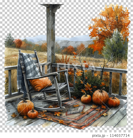 Rocking Chair and Pumpkins on Porch 114037714