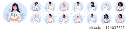 Set of smiling doctors, portraits of different of male and female medical workers in uniform with stethoscopes. Diversity, multi-ethnic society. Vector illustration isolated on white background 114037825