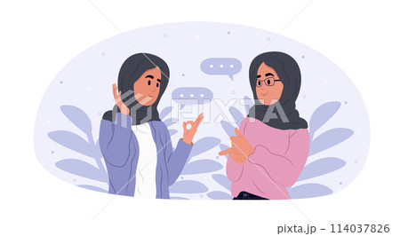 Muslim women communicate in sign language. 114037826