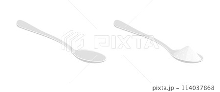 Spoon empty and full with with salt, sugar or sweetener. Teaspoon with powder isolated on white background. Cooking ingredients. Making tea or coffee concept. Vector flat illustration 114037868