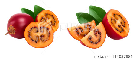 Fresh tamarillo fruit with leaves isolated on white background Fresh tamarillo fruit with leaves isolated on white background 114037884