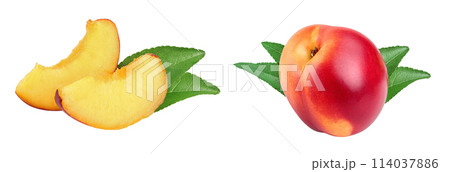 Half nectarine fruit with leaf isolated on white background cutout 114037886