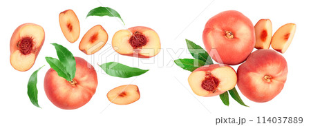 Ripe chinese flat peach fruit and half with leaf isolated on white background with copy space for your text. Top view. Flat lay Ripe chinese flat peach fruit and half with leaf isolated on white background with copy space for your text. Top view. Flat lay 114037889