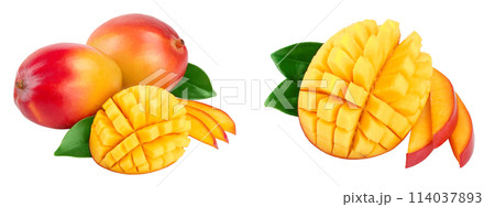 Mango fruit half with leaves and slices isolated on white background close-up 114037893