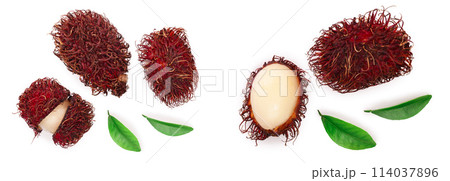 rambutan with leaves isolated on white background. Tropical fruit. Nephelium lappaceum. Top view. Flat lay 114037896