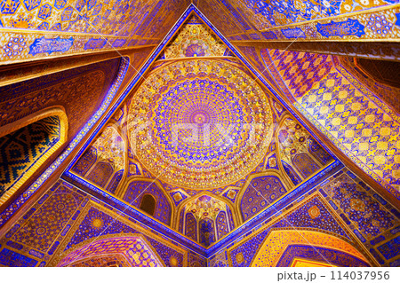 Registan mosaic pattern design background, Samarkand 114037956