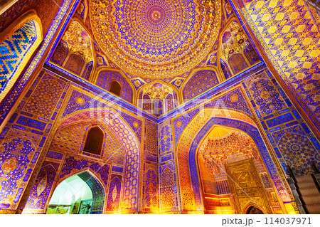 Registan mosaic pattern design background, Samarkand Registan mosaic pattern design background, Samarkand 114037971