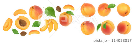 apricot fruit with half and slices isolated on white background. Clipping path. Top view. Flat lay 114038017