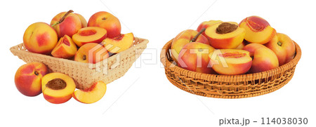 Ripe nectarine fruit with half in a wicker basket isolated on white background with full depth of field Ripe nectarine fruit with half in a wicker basket isolated on white background with full depth of field 114038030
