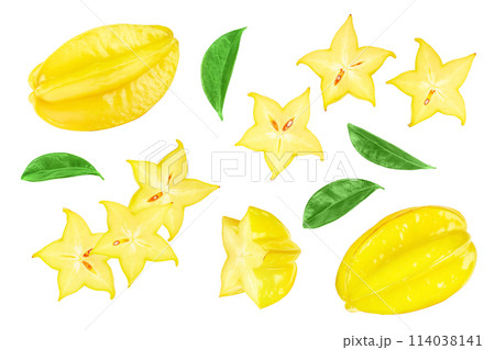 Carambola or star-fruit isolated on white background. Top view. Flat lay Carambola or star-fruit isolated on white background. Top view. Flat lay 114038141