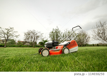 side view of modern orange-grey gasoline lawn mower cutting bright lush green grass. Gardening work tools. Rotary lawn mower machine on lawn. Professional lawn care service. Place for text 114038250