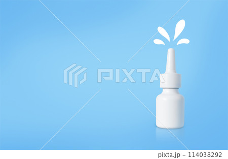 Nasal Spray bottle on blue background. Copy Space. Minimalistic Style. Healthcare and Medicine. Empty Space. Stock photo. Nasal Spray bottle on blue background. Copy Space. Minimalistic Style. Healthcare and Medicine. Empty Space. Stock photo. 114038292