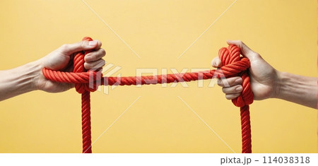Hands holding on to a rope or cord and pulling in different directions - ai generated image 114038318