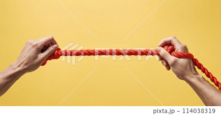 Hands holding on to a rope or cord and pulling in different directions - ai generated image 114038319