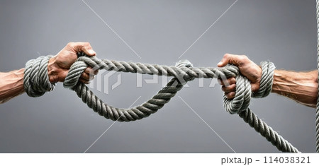 Hands holding on to a rope or cord and pulling in different directions - ai generated image 114038321