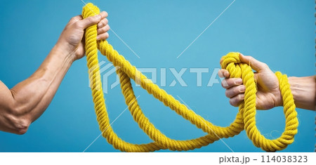 Hands holding on to a rope or cord and pulling in different directions - ai generated image 114038323