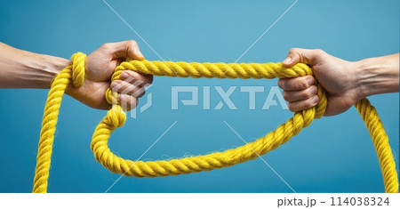 Hands holding on to a rope or cord and pulling in different directions - ai generated image 114038324