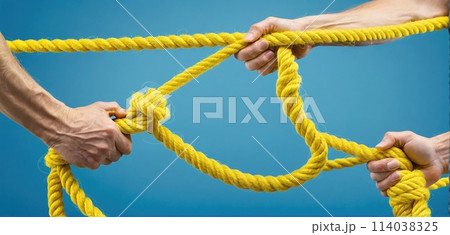Hands holding on to a rope or cord and pulling in different directions - ai generated image 114038325
