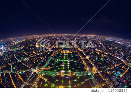 aerial view of illuminated night city panorama of Paris with street lights, drone top view from above, Champs Elysees and Elysee Palace, France aerial view of illuminated night city panorama of Paris with street lights, drone top view from above, Champs Elysees and Elysee Palace, France 114038355