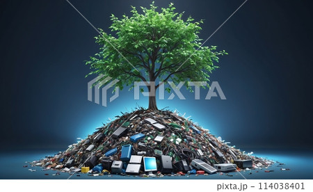 A free-standing green tree grows out of a pile of waste, garbage and old electronic devices 114038401