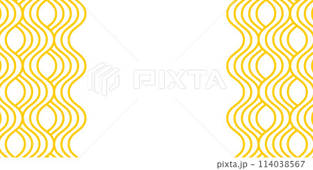 Vertical borders with wavy yellow lines. Noodle texture. Ramen pattern. Pasta, tagliatelle or capellini background. Curvy spaghetti wallpaper. Italian of Japan food print. Vector flat illustration Vertical borders with wavy yellow lines. Noodle texture. Ramen pattern. Pasta, tagliatelle or capellini background. Curvy spaghetti wallpaper. Italian of Japan food print. Vector flat illustration 114038567