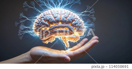 Colorful and illustrative depiction of a human brain hovering or being held above a human hand 114038691
