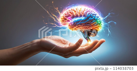 Colorful and illustrative depiction of a human brain hovering or being held above a human hand 114038703
