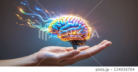 Colorful and illustrative depiction of a human brain hovering or being held above a human hand 114038704