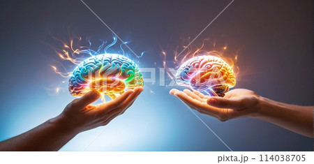 Colorful and illustrative depiction of a human brain hovering or being held above a human hand 114038705