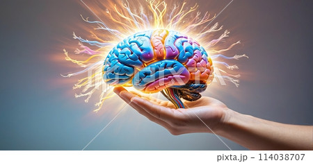 Colorful and illustrative depiction of a human brain hovering or being held above a human hand 114038707