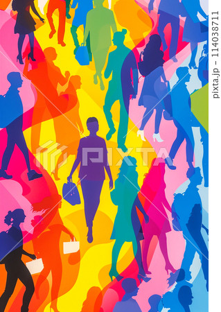 A colorful painting of people walking in a rainbow line 114038711