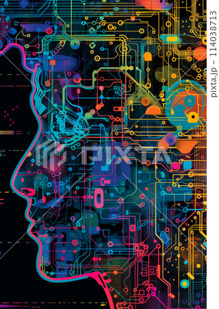 A colorful head with many wires and circuits 114038713