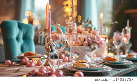 Birthday table decoration with sweets, flowers, candles and pink balloons. Selective focus 114038757
