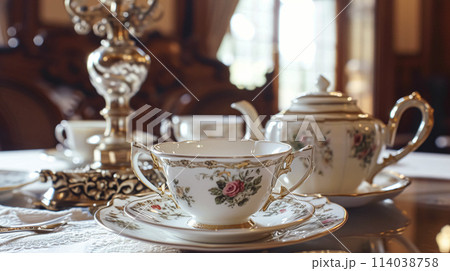 Elegant table setting for tea party with cakes and cupcakes in English manor. Selective focus. Vintage style 114038758