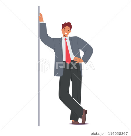 Suited Businessman Leans Against The Wall, His Posture Relaxed, Exuding Confidence, Professionalism And Poised Demeanor 114038867