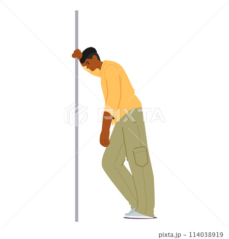 Black Tired Male Character Leaning Against A Wall. Man In Khaki Pants, Sneakers And Yellow Shirt, Vector Illustration 114038919