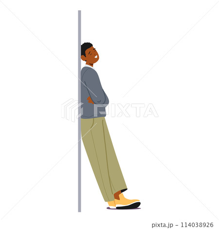 Casually Dressed Man Leans Against A Wall, His Posture Relaxed, Faint Smile Playing On His Lips, Cartoon Illustration 114038926