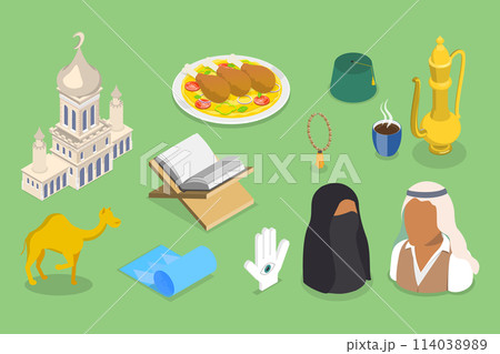 3D Isometric Flat Vector Set of Islamic Religion Items, Traditional Attributes of Arab Culture 114038989