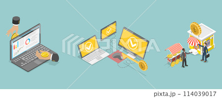 3D Isometric Flat Vector Illustration of Cryptocurrency Exchange Platform, Digital Wallet Technology 114039017