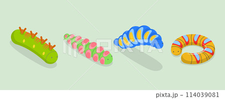 3D Isometric Flat Vector Set of Caterpillars, Spring Insects 114039081