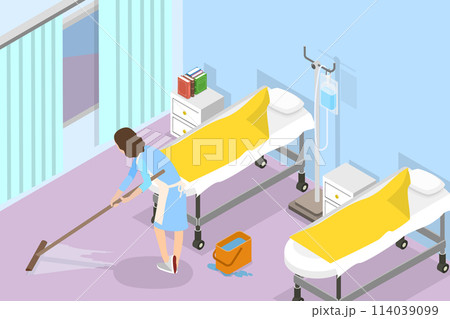 3D Isometric Flat Vector Illustration of Mopping Hospital Floor, Cleaning Service 114039099