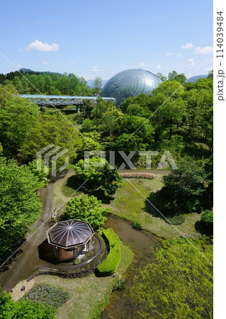 日本最大級のフラワーパーク「とっとり花回廊」：回廊から花の谷（手前）とフラワードームを見る 114039484