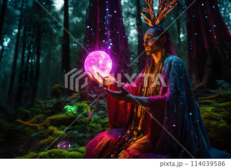 Forest Oracle Channeling Cosmic Energies Through a Mystic Sphere at Twilight 114039586