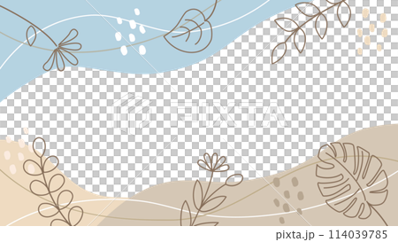 A stylish card that combines abstract curves and lines with leaves and floral plants. Aspect ratio 16:9 version 114039785