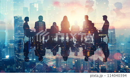 A group of people are sitting around a table in a city A group of people are sitting around a table in a city 114040394