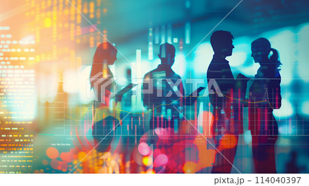 A group of people are silhouetted against a colorful background with a few lines 114040397