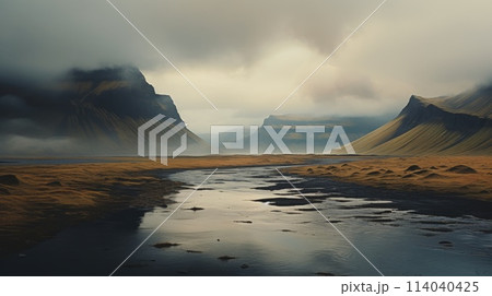 Brooding Mountains Overlooking a Dark Riverbed at Dusk 114040425