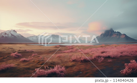 Pink Floral Meadow with Majestic Mountains and Soft Sunset Glow 114040426