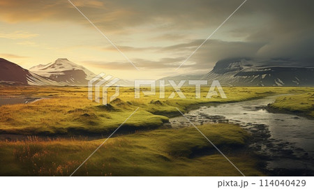 Golden Hour Over Lush Green Field with Winding River and Distant Mountains 114040429
