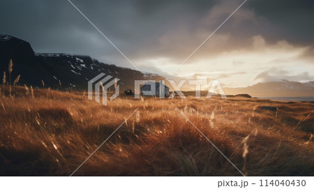 Secluded Cabin in a Field at Sunset with Dramatic Mountain Backdrop 114040430